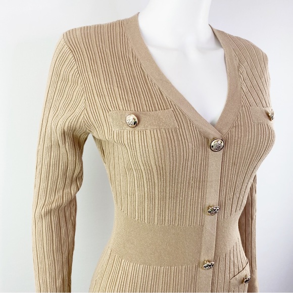 NEW Lipsy London Beige Ribbed Knit Long Sleeve Button Front Sweater Dress Size 8 - Picture 4 of 9